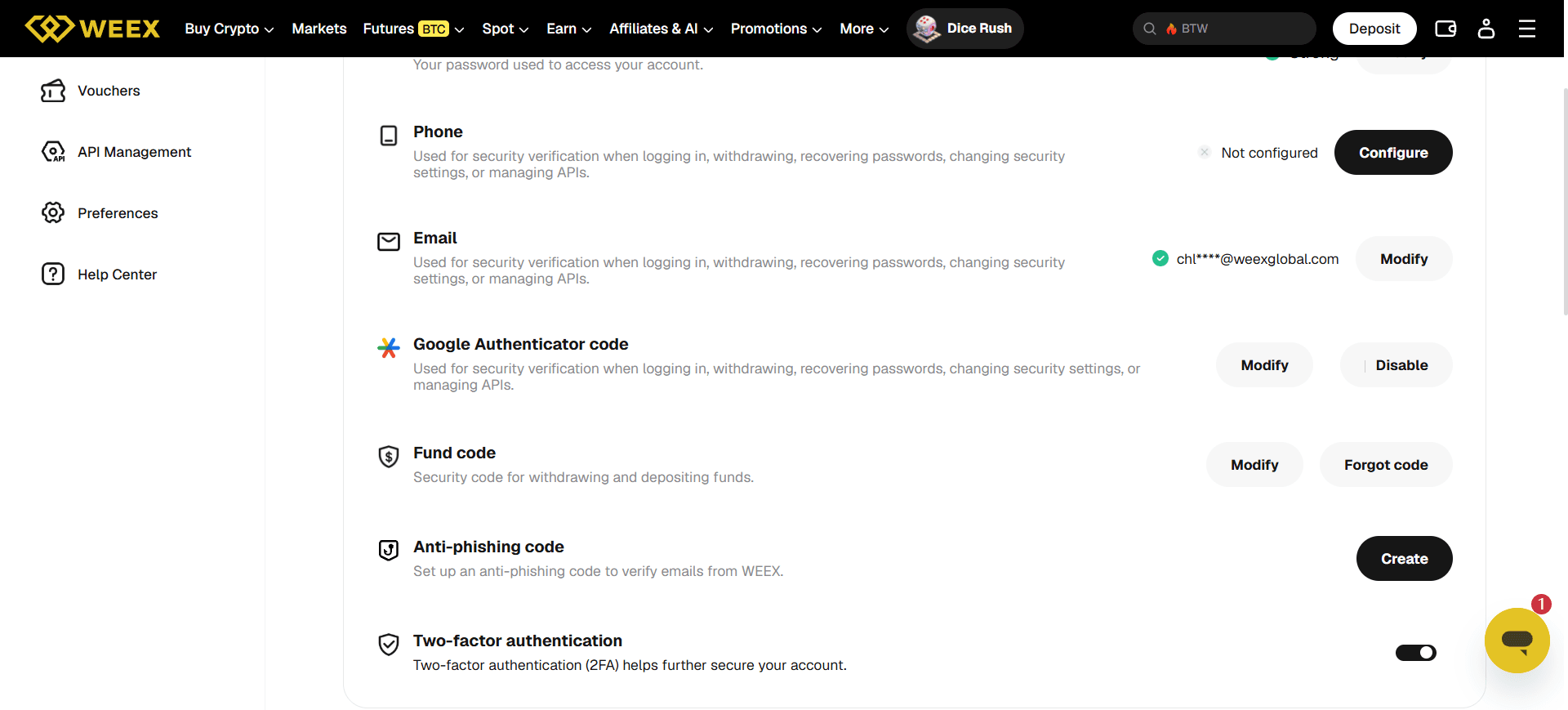 WEEX account security settings for authentication and anti-phishing protection